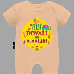 The Peppy Tend Diwali Theme 100% Cotton Half Sleeves My First Diwali With Mumma Papa Text Printed Romper - Peach-picture-10