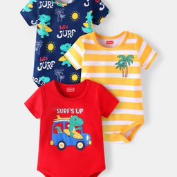 Babyhug 100% Cotton Knit Half Sleeves Dino Printed OnesiesPack of 3 - Red Yellow & Navy-image-76