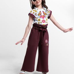 OLLINGTON ST. Cotton Knit Half Sleeves Floral Printed Top & Popcorn Culotte - White & Wine-image-64