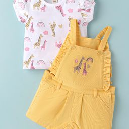 ToffyHouse Cotton Knit Dungaree & Half Sleeves T-Shirt With Giraffe Print & Embroidery - Yellow-14