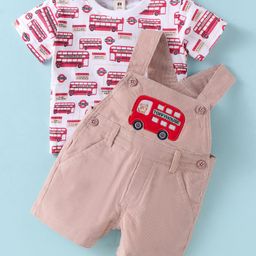ToffyHouse Interlock Knit Half Sleeves T-Shirt & Dungaree with Bus Print & Embroidery - White & Beige-image-40
