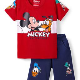 Babyhug Disney Single Jersey Knit Half Sleeve T-Shirt & Shorts Set With Mickey Mouse And Family Graphics - Red & Navy Blue-image-47