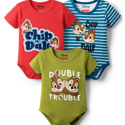 Babyhug Disney Interlock Knit Half Sleeves Striped Onesies with Chip n Dale Graphics Pack of 3 - Red Olive Green & Blue-image-97