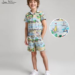 Arias 100% Cotton Woven Half Sleeves Shirt & Shorts Co-Ord Set With Boat & Tree Print - Multicolor-image-64