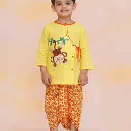 KID1 Cotton Full Sleeves Monkey Embroidered & Printed Dhoti Kurta Set - Yellow-picture-33