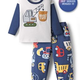 Bonfino 100% Cotton Knit Full Sleeves Drop Shoulder Oversized T-Shirt & Lounge Pant Set with Vehicle Print & Patch Detailing - Navy Blue-picture-41