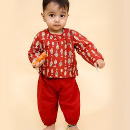 BownBee Cotton Full Sleeves Fish Printed Jhabla & Pant Set - Maroon-picture-17