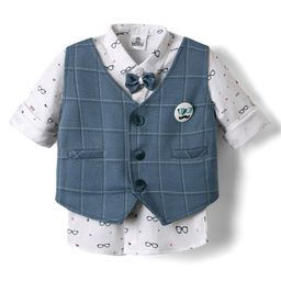 Mini Taurus Sinker Knit Full Sleeves Three Piece Party Suit With Glass Print - Blue-picture-39