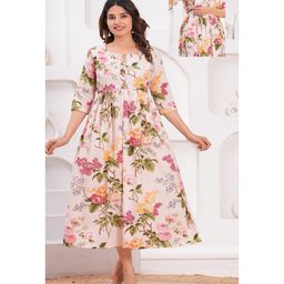 NEVISHA STYLE Cotton Woven Three Fourth Sleeves Floral Printed Maternity Kurta With Side Zipper Nursing Access - White-picture-23