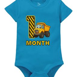 Zeezeezoo 100% Cotton Knit Monthly Birthday Construction Theme Half Sleeves 1 Month Text Printed Onesie - Blue-image-4