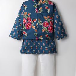 Teentaare Cotton Woven Full Sleeves Kurta Pajama Set with Jacket & Floral Print - Navy Blue-image-48