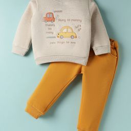 ToffyHouse 100% Cotton Knit Full Sleeves Car Embroidery Winter Wear T-Shirt & Joggers Set - Golden Yellow-picture-24
