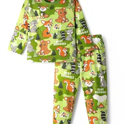 Babyhug Cotton Knit Full Sleeves Co-Ord Night Suit with Animal Print - Green-picture-3
