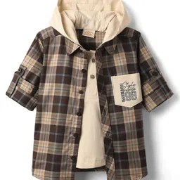 Rikidoos Full Sleeves Checked Shirt With Attached Solid Hooded Tee - Coffee & Cream-picture-3
