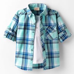 Rikidoos Full Sleeves Plaid Checked Shirt With Attached Tee - Blue & White-picture-32