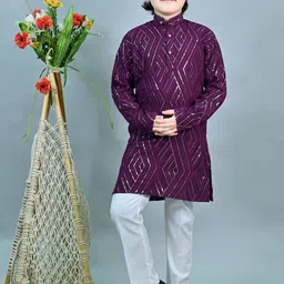ahhaaaa Boys Geometric Embroidered Regular Sequinned Dupion Silk Kurta With Trouser-1