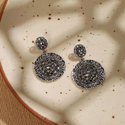 DressBerry Silver-Plated Artificial Stones Studded Circular Shaped Drop Earrings-3