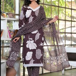 SINGNI Women Floral Printed Regular Pure Cotton Kurta with Trousers & With Dupatta-7
