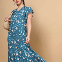 SAKURA Floral Print Flutter Sleeve Fit & Flare Dress-4