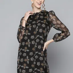 SASSAFRAS Women Black & White Conversational Print Peter Pan Collar Shirt Dress-image-34