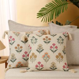 eyda Beige & Green 2 Pieces Floral Printed Cushion Covers-23