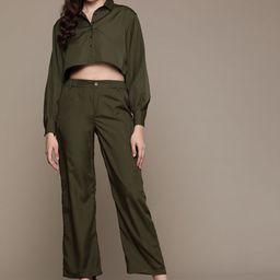 Roadster Women Solid Pure Cotton Crop Top with Trousers-6