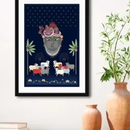 999Store Navy Blue & White MDF Lord Krishna with Cows Printed Paper Wall Painting - Set of 1-25