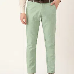 Sojanya Green Cotton Regular Slim Fit Checks Flat Front Trousers-image-16