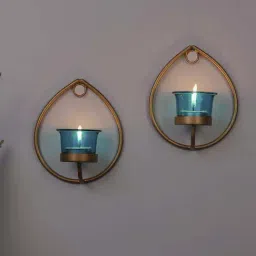 Homesake 'Halloween' Turquoise & Golden Metal Wall Candle Holder With Tea Light Candle - Set of 2-image-88