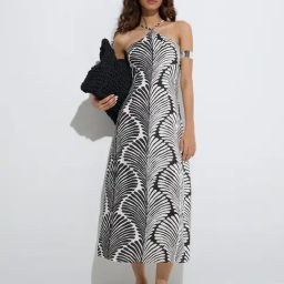 Bombay Paisley by Westside Black Leaf Design Cotton A-Line Dress-image-4