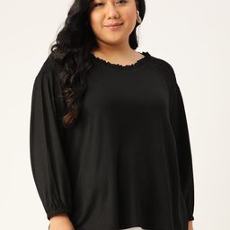 Rute Women Plus Size Black Solid Smocked Pure Cotton Top-18