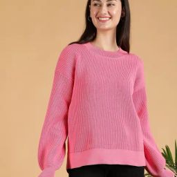 Kotty Pink Solid Full Sleeves Sweater-21