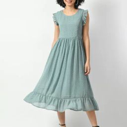 DECKEDUP Green Self Design Midi Dress-17