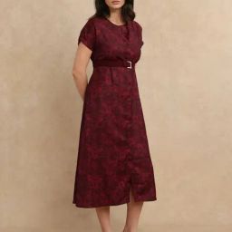 RAREISM Maroon Satin Printed Short Sleeves Dress-image-48