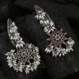 Sohi Silver Plated Floral Drop Earrings-image-14