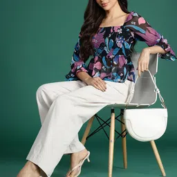 Deewa Floral Print Puff Sleeve Georgette Empire Top-picture-7