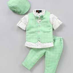 Robo Fry 3 Piece Full Sleeves Checked Party Suit With Bow & Cap - Green-image-98