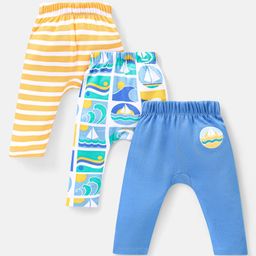 Babyhug Interlock Knit Full Length  Diaper Pants Striped & Boat Print Pack of 3 - Multicolour-image-70