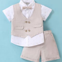 ToffyHouse Poplin Woven Half Sleeves Golf Printed Party Suit with Waist Coat & Bow - Beige-image-6