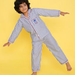Knitting Doodles Pure Cotton Woven Full Sleeves Star     Embroidered   & Striped Night Suit -  Blue-image-8