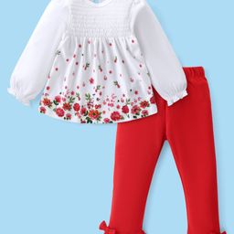 Babyoye 100% Cotton With Eco Jiva Finish Knit Full Sleeves Floral Printed Top & Leggings Set With- Red & White-image-127