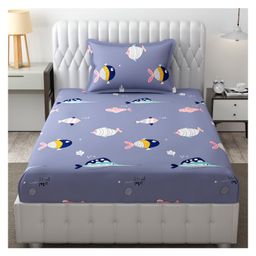 Filymore Cute Purple Fish Single Bedsheet For Kids Designer Cartoon Printed Bedsheet For kids room Single Bed 240 TC Made With Pure Microfiber - Purple and white-image-97