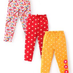 Babyhug Cotton Knit Full Length Leggings With Floral & Polka Dots Print Pack Of 3 - Yellow Red & Off White-image-91