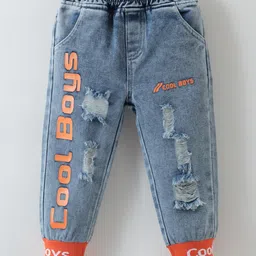 Kookie Kids Full Length Washed Denim DistressedJeans With Text Print - Blue-picture-35