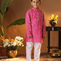 Vastramay Cotton Full Sleeves Leheriya Printed Kurta And Pyjama Set - Pink-image-18