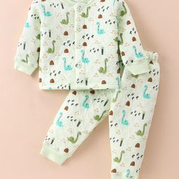 Doreme Knit Full Sleeves Winter Wear Dino Printed Front Open T-Shirt & Lounge Pant Set - Light Green-picture-15
