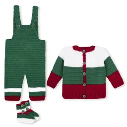Windrop Solutions Full Sleeves Colour Blocked Crocheted Sweater With Coordinating Dungaree & Booties Set - Green & Red-picture-18