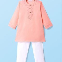 Babyhug Full Sleeves Cotton Woven Solid Kurta with Embriodery and Payjama Set - Coral-image-97