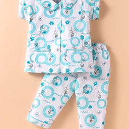 Evimo Single Jersey Knit Half Sleeves Night Suit with Peter Pan Collar & Floral Princess Print - Light Blue & White-image-90