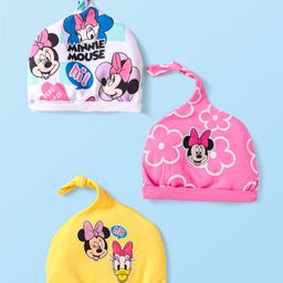 Babyhug Disney Interlock Knit Knot Caps with Minnie Mouse & Family Graphics Pack of 3 Pink White & Yellow - Diameter 17 cm-image-98